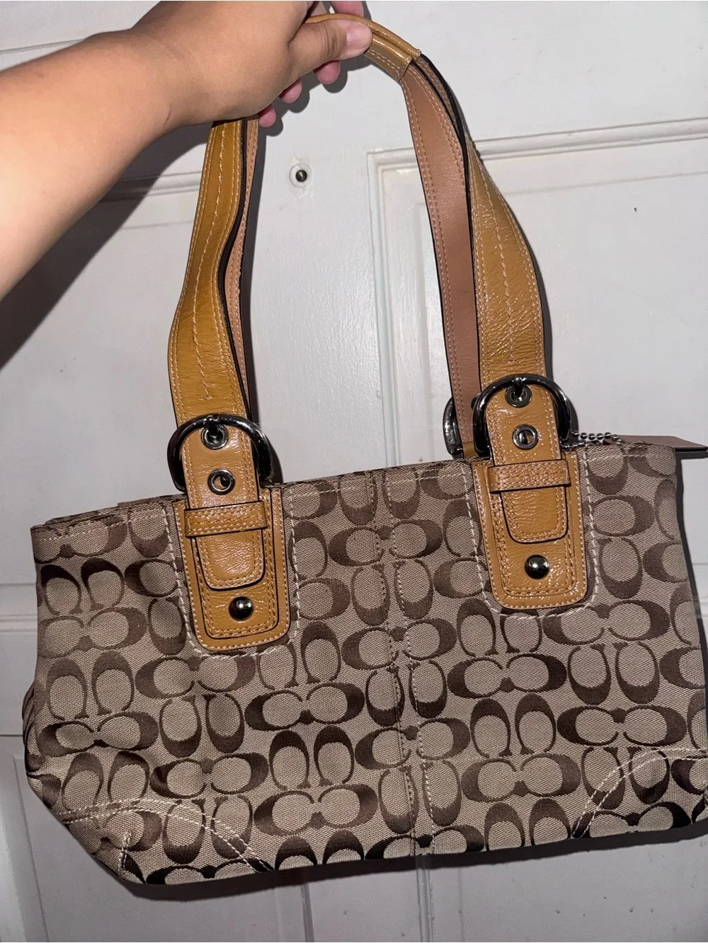 Coach Signature Canvas Tote in Brown with Tan Leather Trim